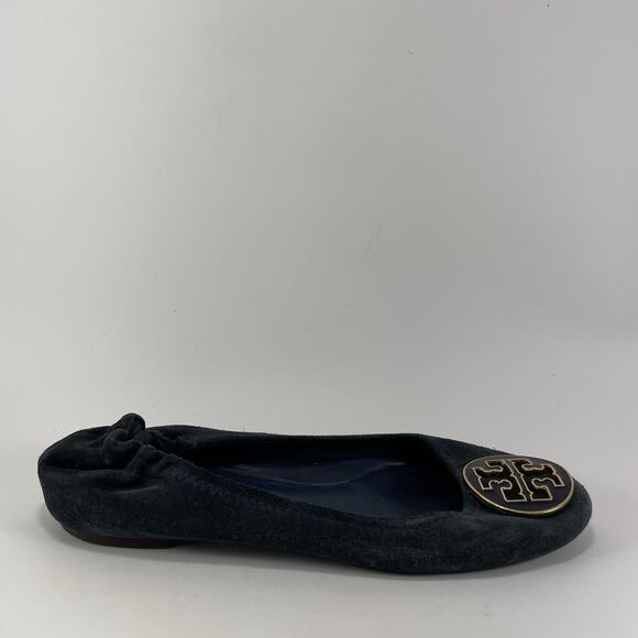 Tory Burch Reva Ballet Flats Shoes Navy Suede Womens Size 7 Slip On Gold Logo - Picture 2 of 9